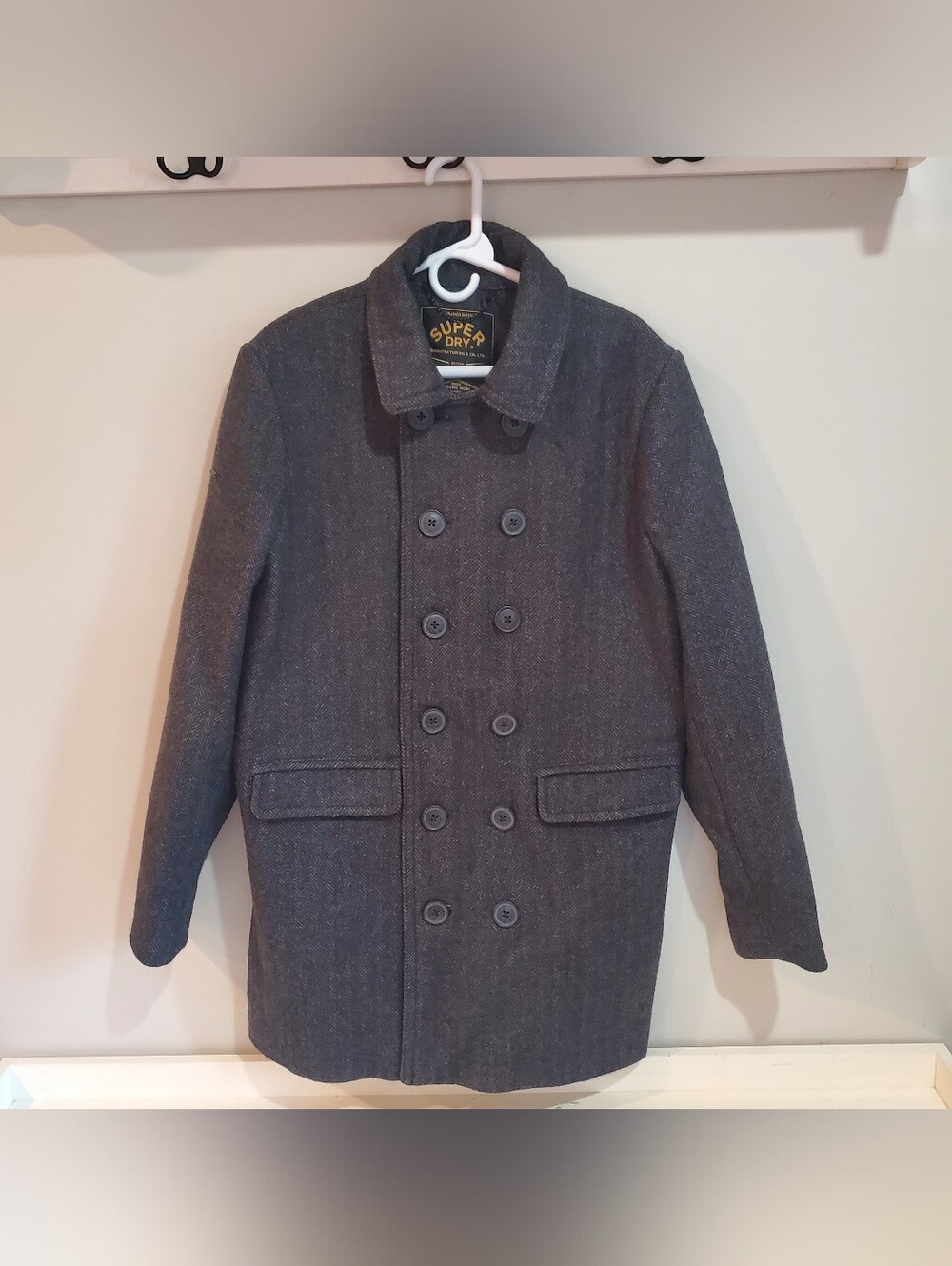 Superdry The Merchant Store - Wool Blend Pea Coat Charcoal Herringbone Size XL